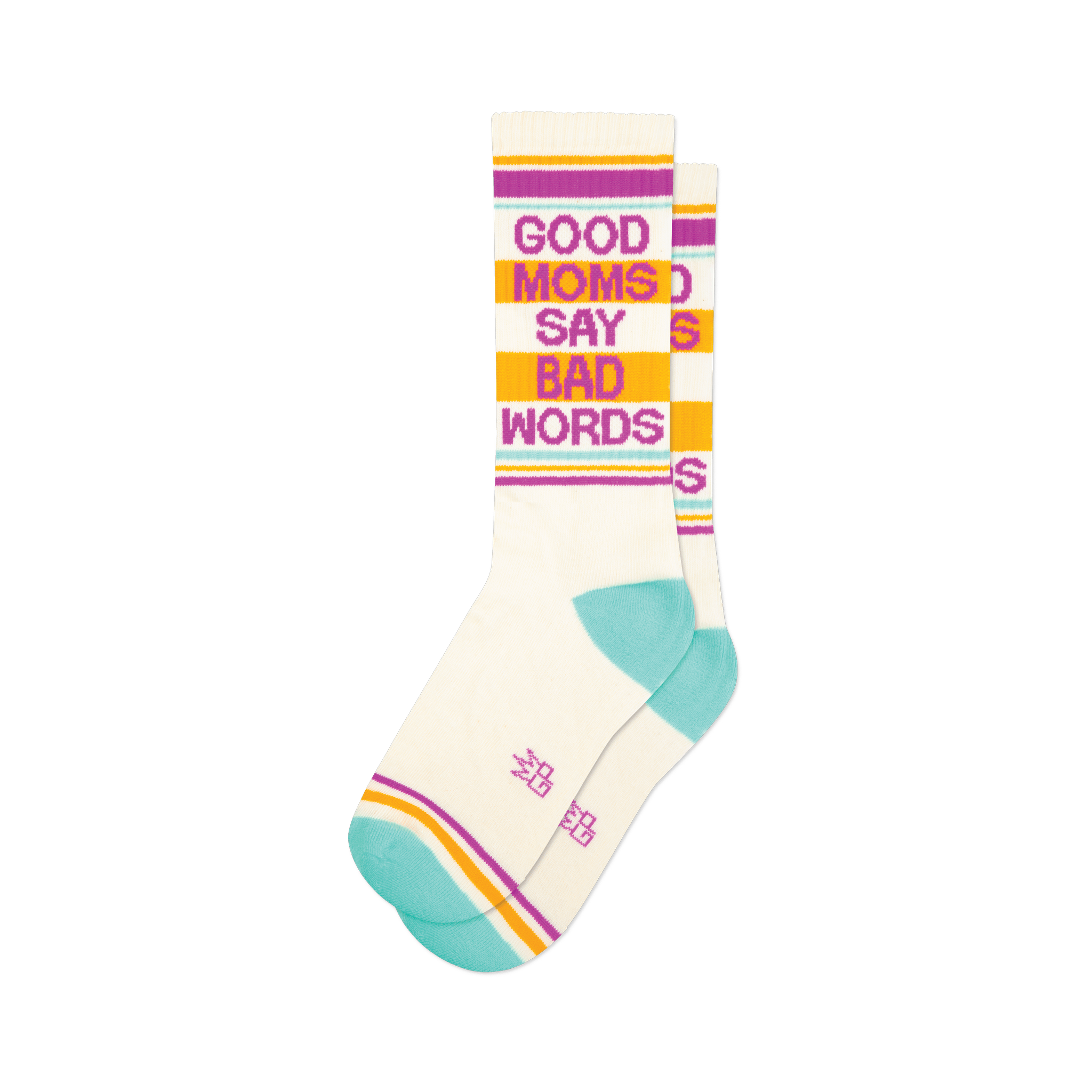 Pair of cream crew socks with teal, orange, and purple stripes and the phrase 'Good Moms Say Bad Words' in pink.
