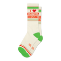 Pair of cream-colored crew socks with green and orange stripes and an 'I Heart Ranch Dressing' graphic. 