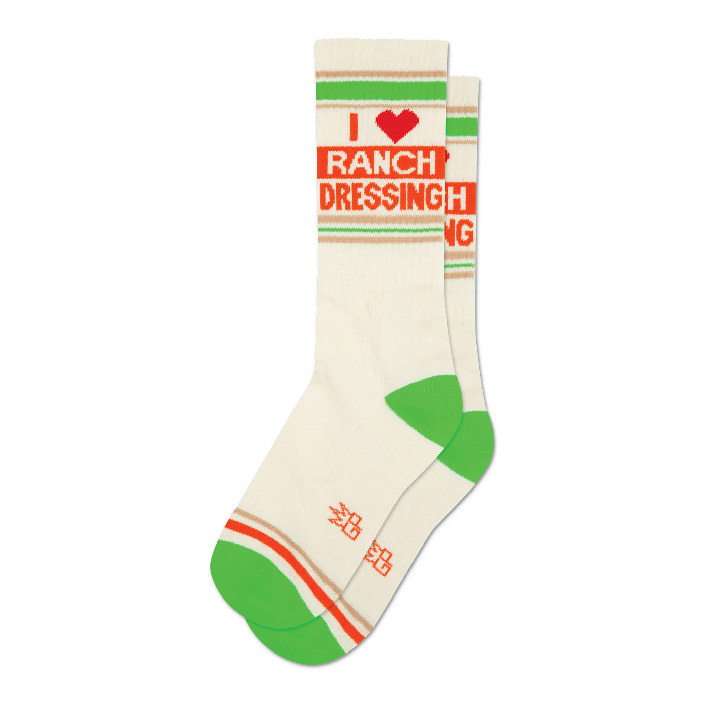 Pair of cream-colored crew socks with green and orange stripes and an 'I Heart Ranch Dressing' graphic. 