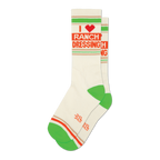 Pair of cream-colored crew socks with green and orange stripes and an 'I Heart Ranch Dressing' graphic. 