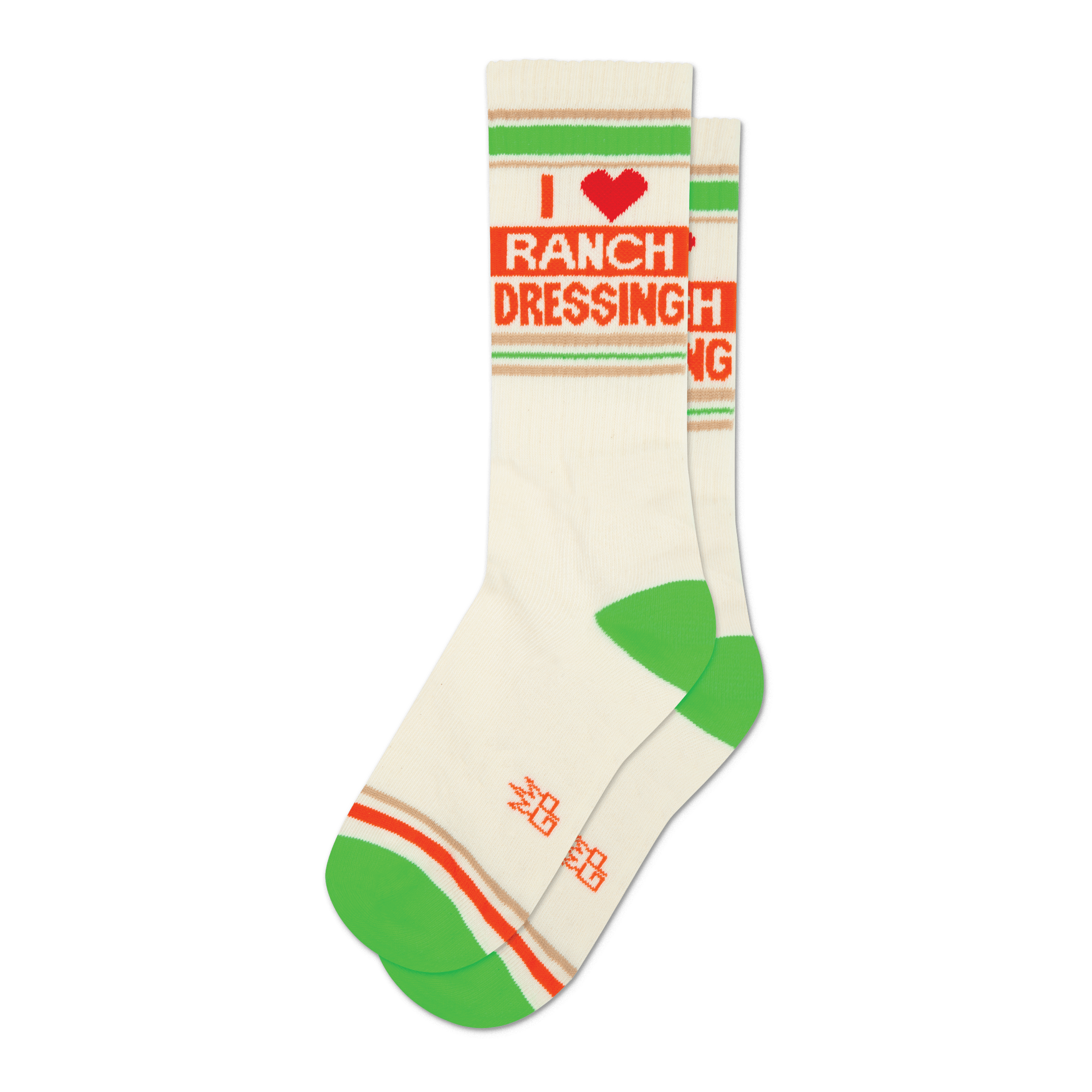 Pair of cream-colored crew socks with green and orange stripes and an 'I Heart Ranch Dressing' graphic. 