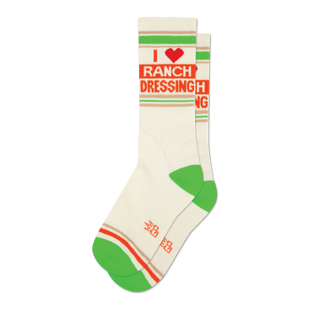Pair of cream-colored crew socks with green and orange stripes and an 'I Heart Ranch Dressing' graphic. 