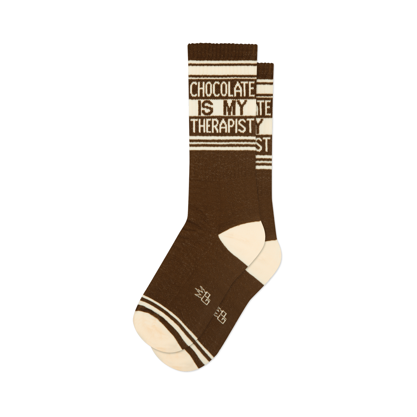 Chocolate brown crew socks with "Chocolate Is My Therapist" in white text, cream accents, and white stripes.