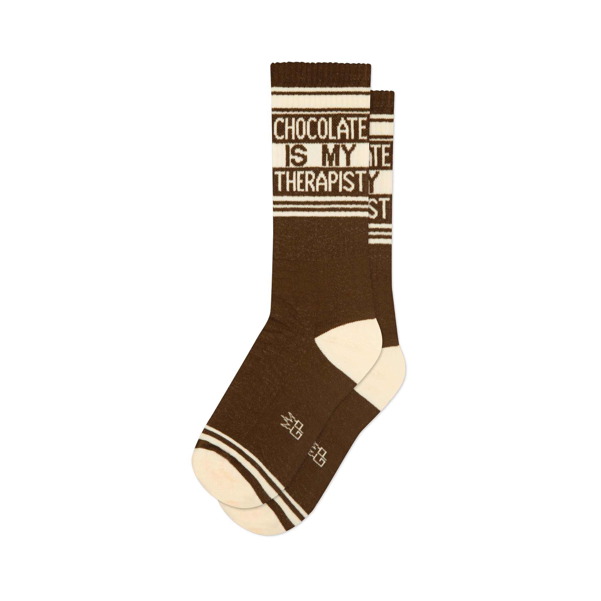 Chocolate brown crew socks with "Chocolate Is My Therapist" in white text, cream accents, and white stripes.