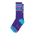 A pair of purple crew socks with teal and pink stripes.  The words "SUGAR MAMA" are displayed in retro-style lettering.
