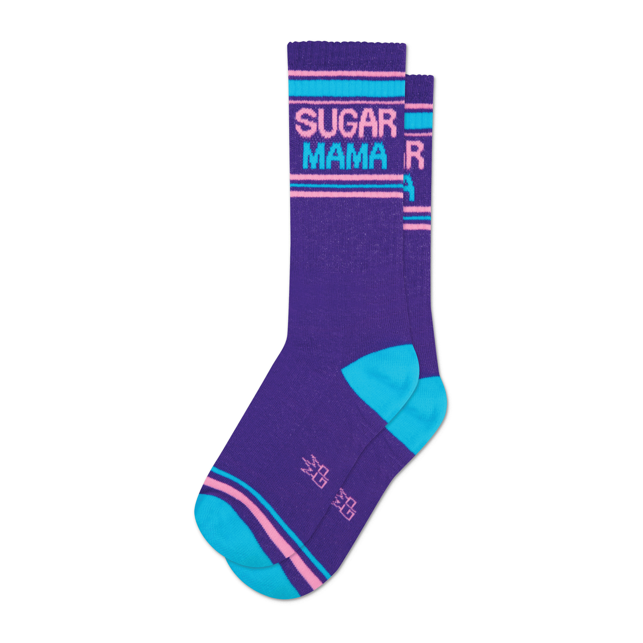 A pair of purple crew socks with teal and pink stripes.  The words "SUGAR MAMA" are displayed in retro-style lettering.