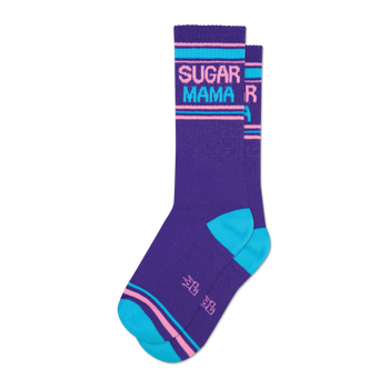 A pair of purple crew socks with teal and pink stripes.  The words "SUGAR MAMA" are displayed in retro-style lettering.
