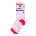 Pair of pink crew socks with a bright pink, blue, and purple stripe at the top and bottom. The socks feature the text 'I Heart Candy' in a playful font.