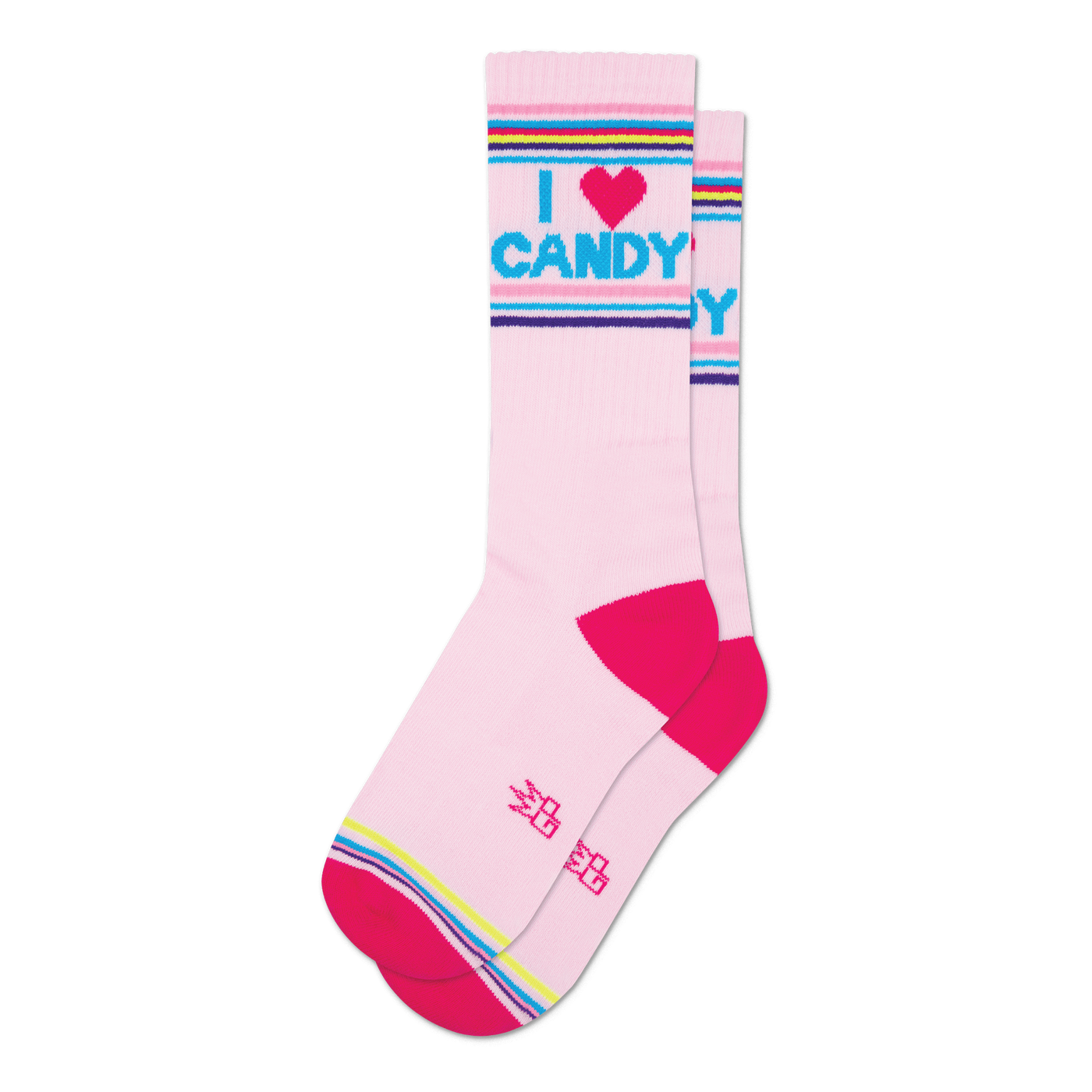 Pair of pink crew socks with a bright pink, blue, and purple stripe at the top and bottom. The socks feature the text 'I Heart Candy' in a playful font.