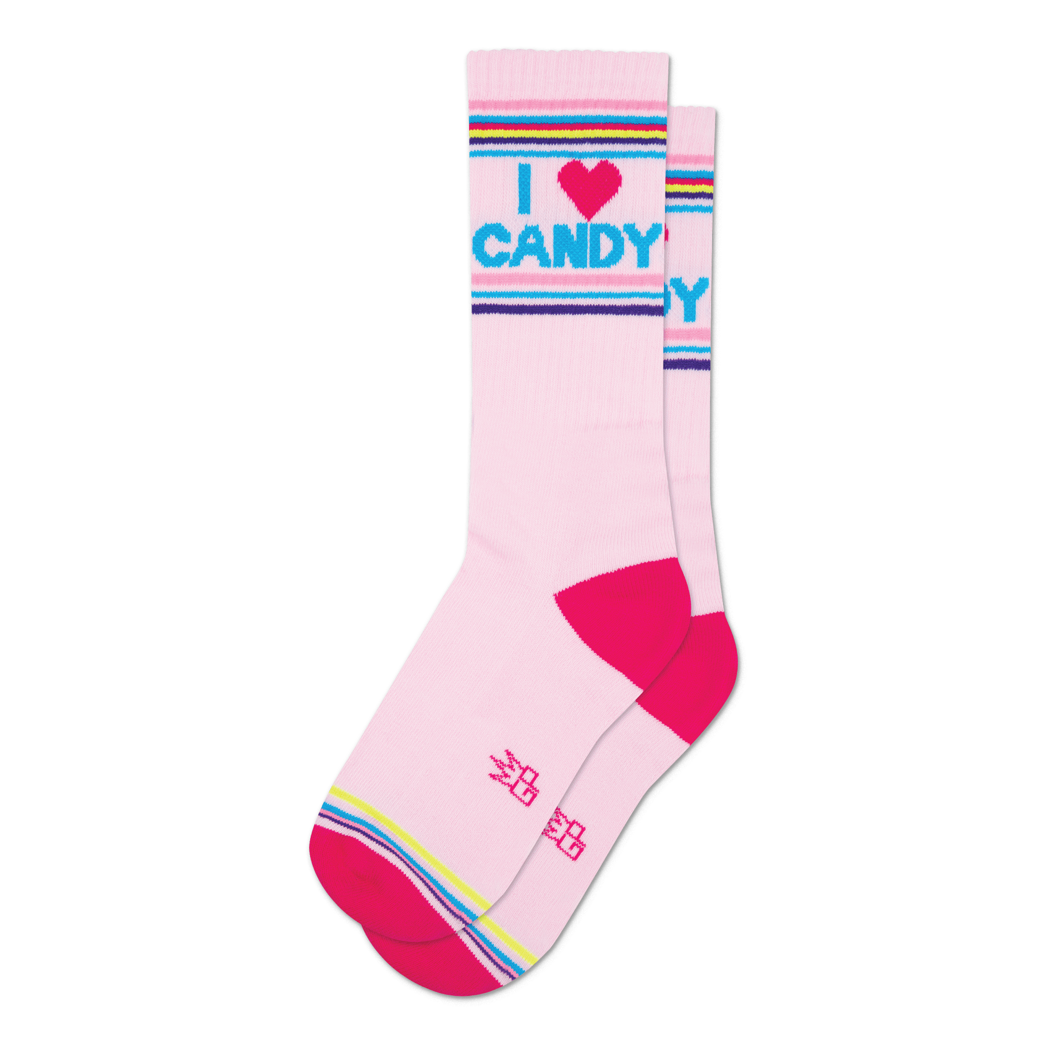 Pair of pink crew socks with a bright pink, blue, and purple stripe at the top and bottom. The socks feature the text 'I Heart Candy' in a playful font.