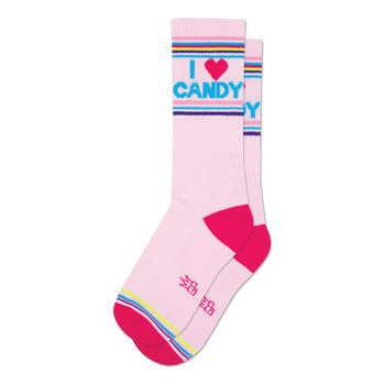 Pair of pink crew socks with a bright pink, blue, and purple stripe at the top and bottom. The socks feature the text 'I Heart Candy' in a playful font.