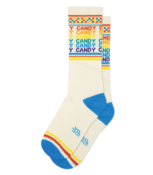 A pair of white crew socks with a rainbow 'Candy' design and blue, orange, and yellow stripes at the cuffs.