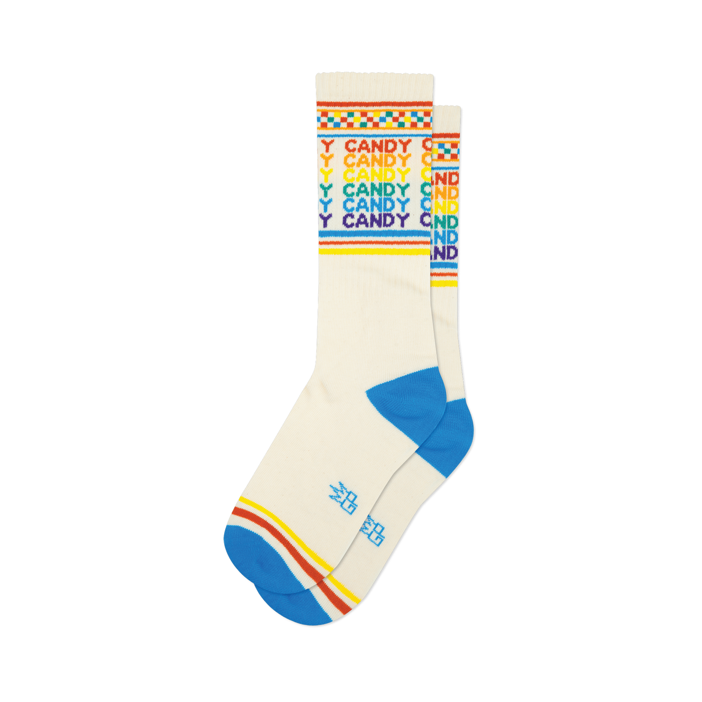 Cream Candy crew socks with rainbow text, a colorful checkered cuff, and bright blue toe & heel.