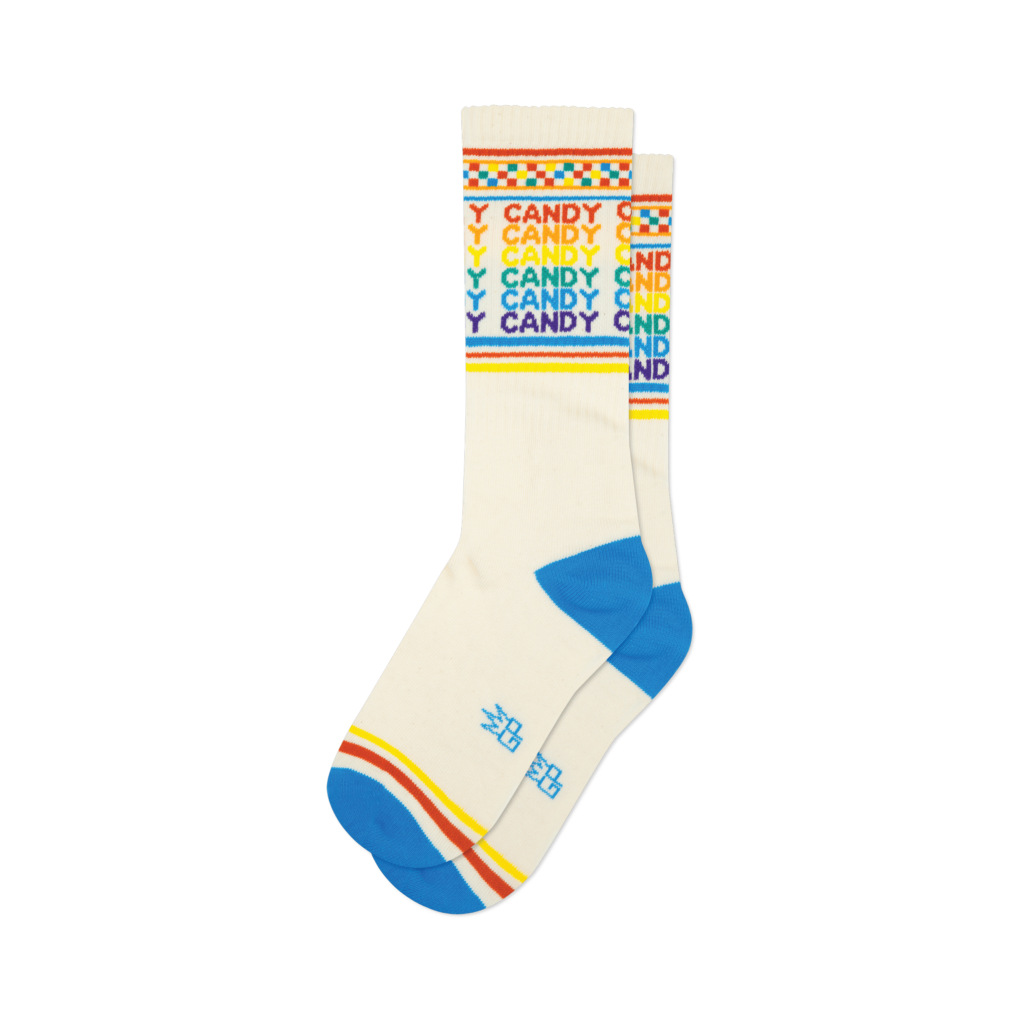Cream Candy crew socks with rainbow text, a colorful checkered cuff, and bright blue toe & heel.