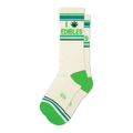 Pair of cream crew socks with green and teal stripes and a marijuana leaf with 'I Edibles' text.