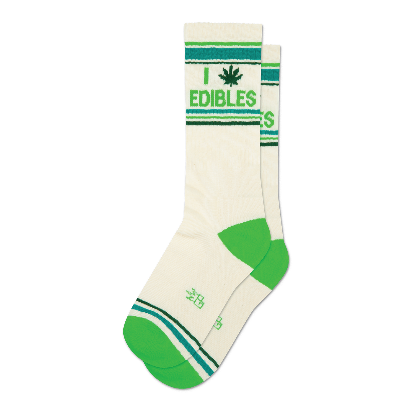 Pair of cream crew socks with green and teal stripes and a marijuana leaf with 'I Edibles' text.