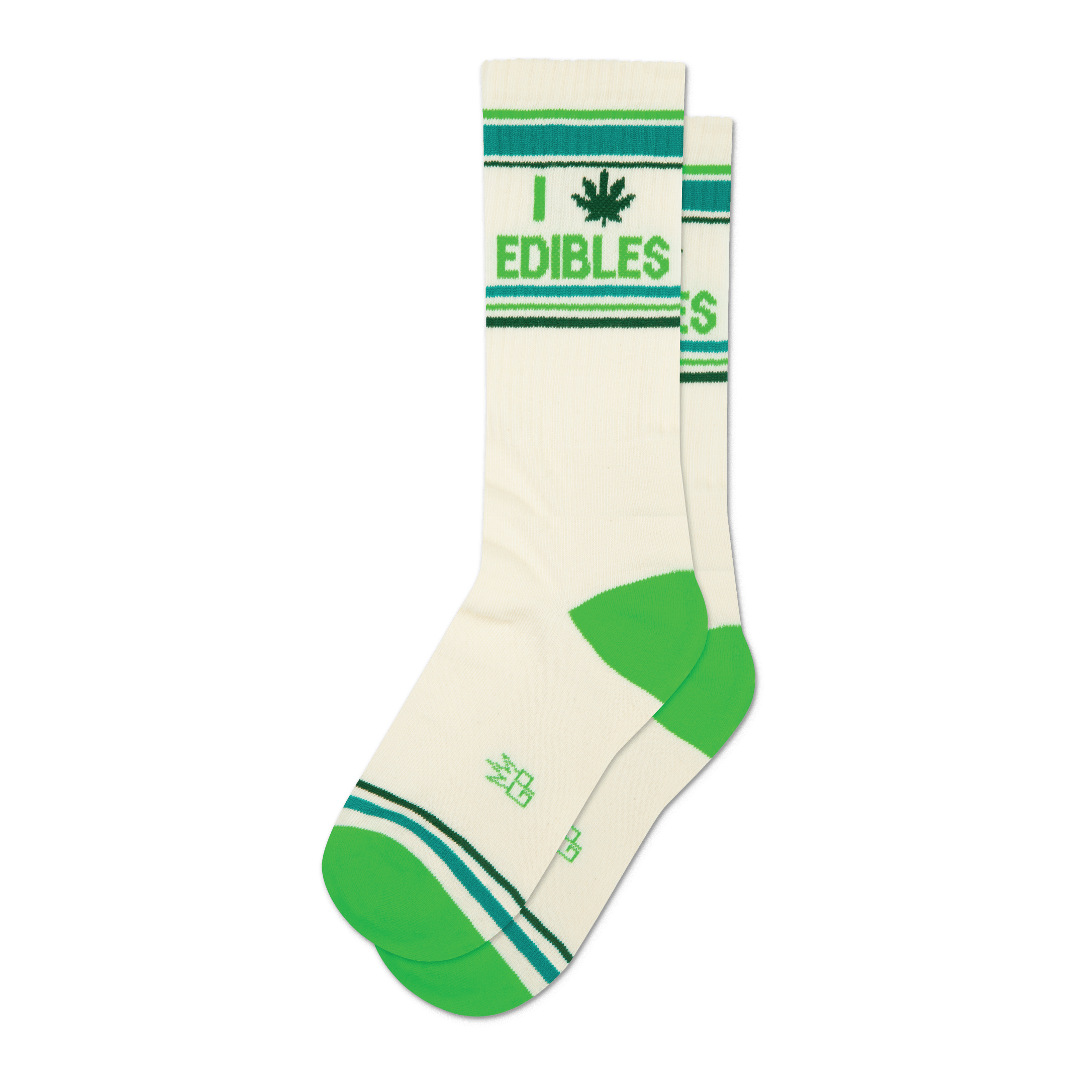 Pair of cream crew socks with green and teal stripes and a marijuana leaf with 'I Edibles' text.