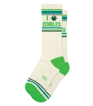 Cream crew socks with 'I (pot leaf) Edibles' text in green, featuring dark and light green stripes and lime green toe/heel.