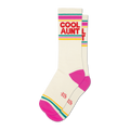 Pair of off-white crew socks with hot pink, teal, and gold stripes and 'COOL AUNT' in red text.