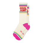 Pair of off-white crew socks with hot pink, teal, and gold stripes and 'COOL AUNT' in red text.