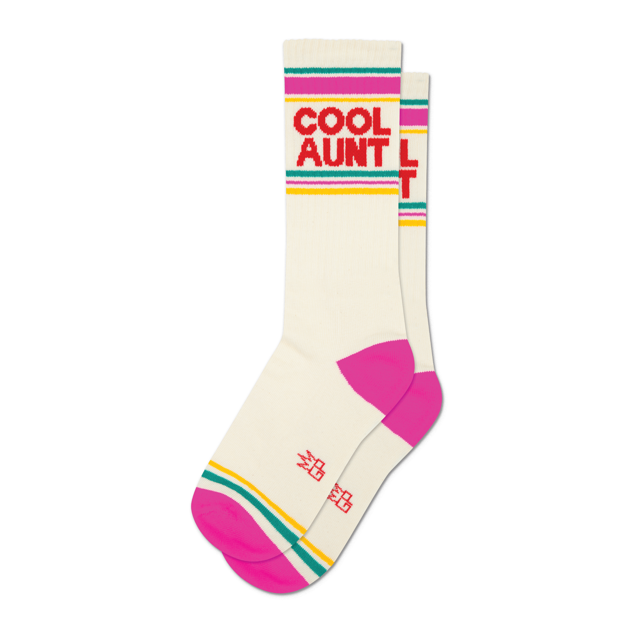 Pair of off-white crew socks with hot pink, teal, and gold stripes and 'COOL AUNT' in red text.