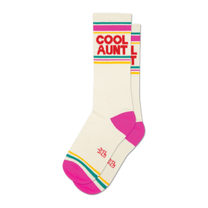 Pair of off-white crew socks with hot pink, teal, and gold stripes and 'COOL AUNT' in red text.