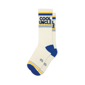 Pair of off-white crew socks with navy blue and gold stripes, featuring 'COOL UNCLE' text.