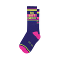 "Big Butt Energy" royal blue crew socks with neon yellow text, pink stripes, and bright pink toe/heel.