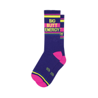 "Big Butt Energy" royal blue crew socks with neon yellow text, pink stripes, and bright pink toe/heel.