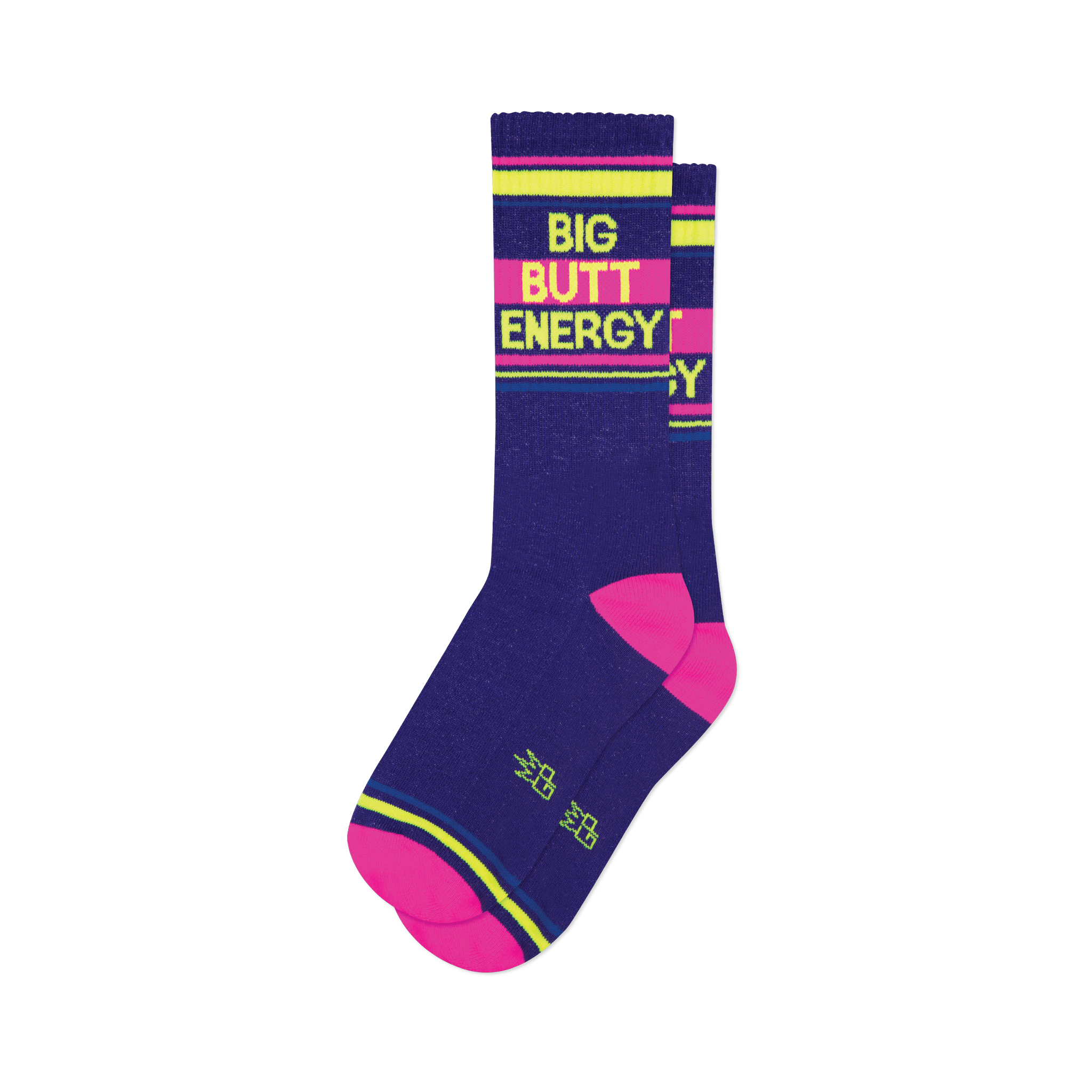 "Big Butt Energy" royal blue crew socks with neon yellow text, pink stripes, and bright pink toe/heel.