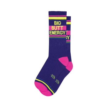 "Big Butt Energy" royal blue crew socks with neon yellow text, pink stripes, and bright pink toe/heel.