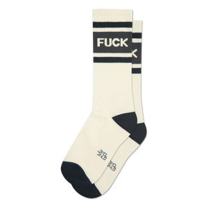 Pair of cream-colored crew socks with bold black stripes and the word 'F*CK' printed across the stripes.