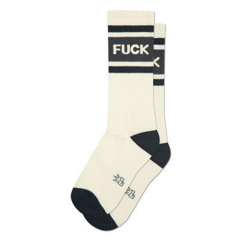Pair of cream-colored crew socks with bold black stripes and the word 'F*CK' printed across the stripes.