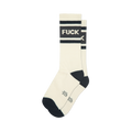 Pair of cream-colored crew socks with bold black stripes and the word 'F*CK' printed across the stripes.