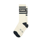 Pair of cream-colored crew socks with bold black stripes and the word 'F*CK' printed across the stripes.