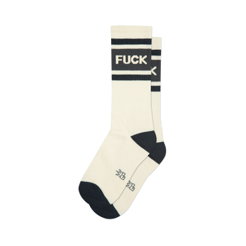 Pair of cream-colored crew socks with bold black stripes and the word 'F*CK' printed across the stripes.