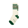 Pair of cream and forest green 'Horny' crew socks.  Features horizontal stripes and the word 'Horny' in dark green.