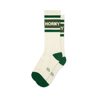 Pair of cream and forest green 'Horny' crew socks.  Features horizontal stripes and the word 'Horny' in dark green.
