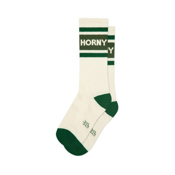 Pair of cream and forest green 'Horny' crew socks.  Features horizontal stripes and the word 'Horny' in dark green.