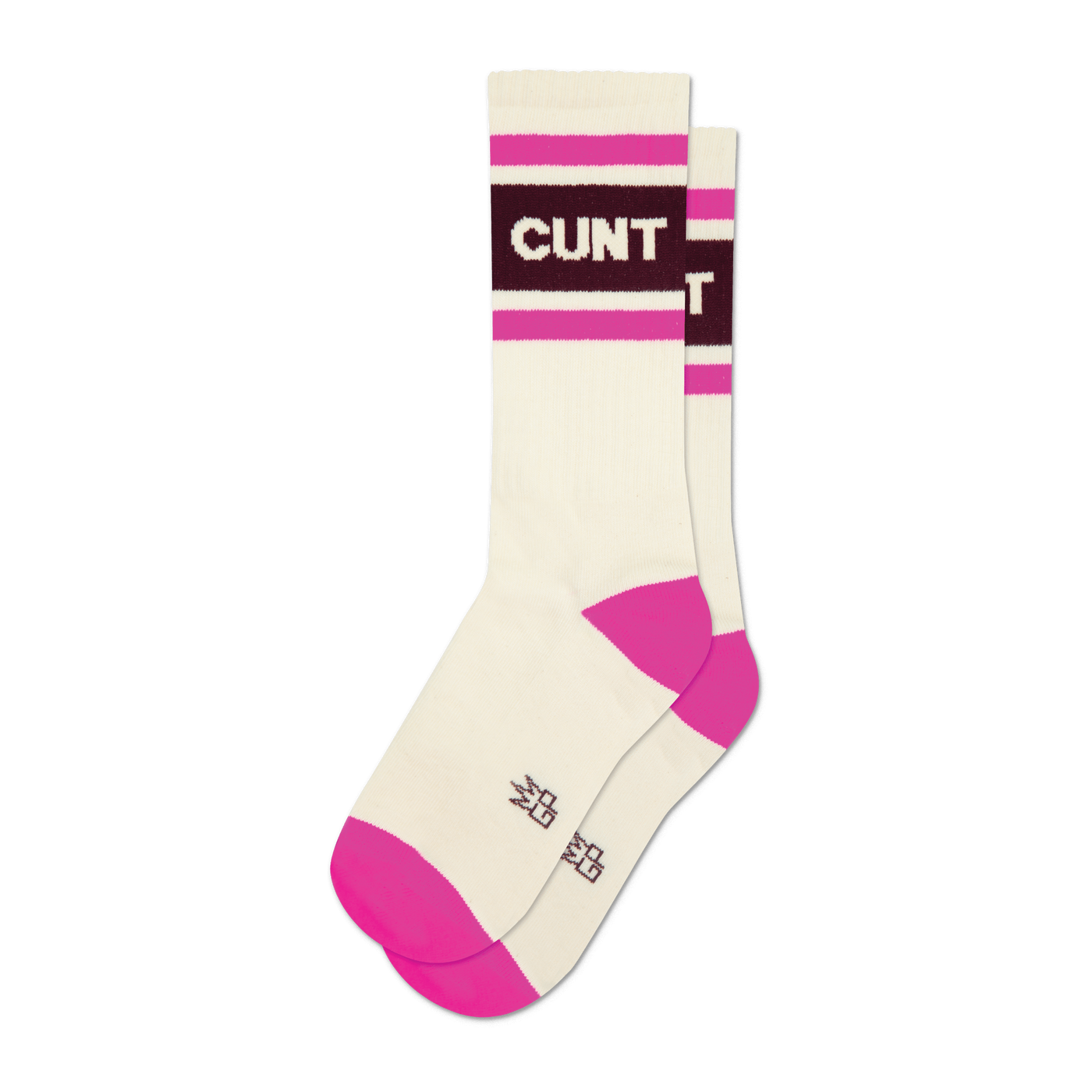 Cream tube socks with "CUNT" in white on a maroon stripe, flanked by fuchsia stripes. Fuchsia heel and toe.