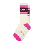 Cream tube socks with "CUNT" in white on a maroon stripe, flanked by fuchsia stripes. Fuchsia heel and toe.