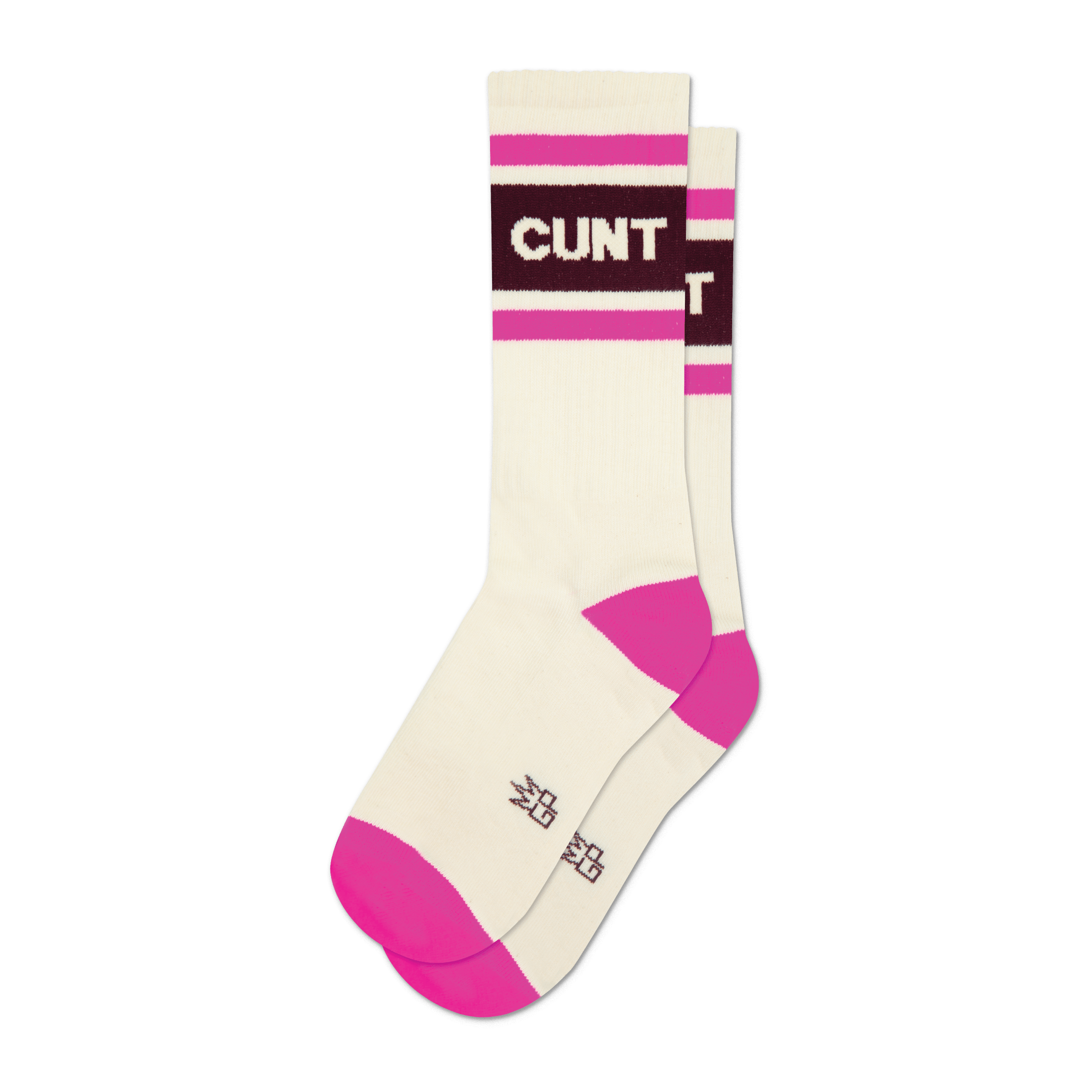 Cream tube socks with "CUNT" in white on a maroon stripe, flanked by fuchsia stripes. Fuchsia heel and toe.