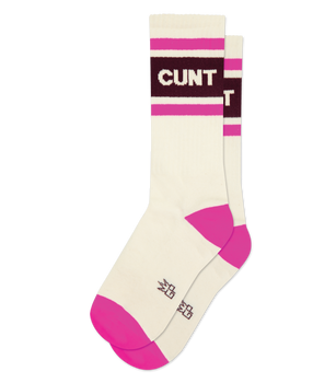 Pair of off-white crew socks with hot pink cuffs and stripes, and a dark maroon 'CUNT' word.