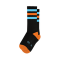 Astro Retro black crew socks with bright blue & orange horizontal stripes on the calf, orange toe & heel.