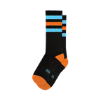 Astro Retro black crew socks with bright blue & orange horizontal stripes on the calf, orange toe & heel.
