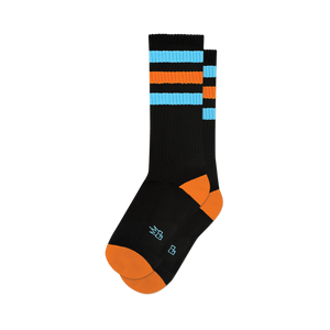 Astro Retro black crew socks with bright blue & orange horizontal stripes on the calf, orange toe & heel.