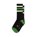 Pair of black crew socks with green and off-white retro stripes. Green accents at the heel and toe.