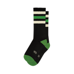 Pair of black crew socks with green and off-white retro stripes. Green accents at the heel and toe.