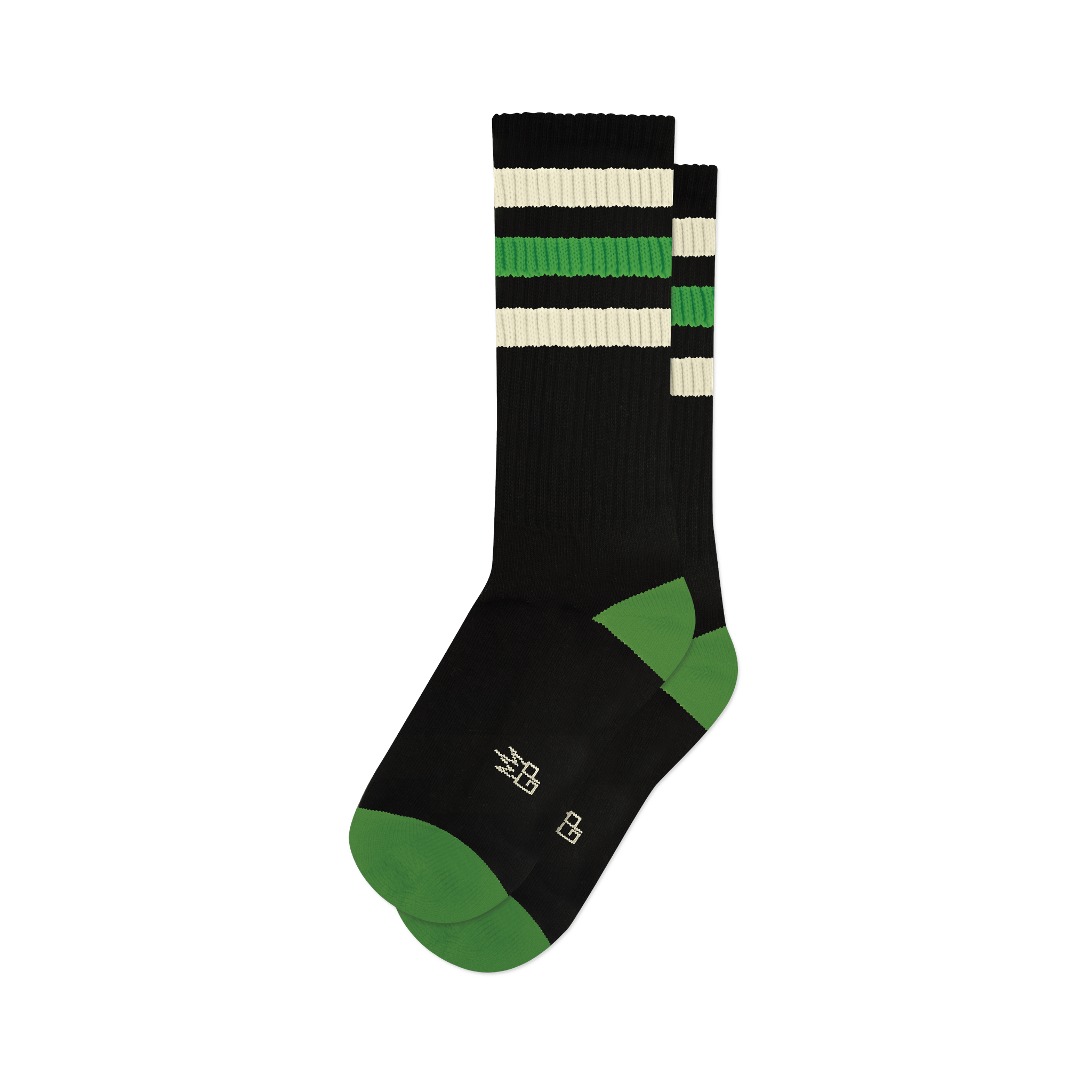 Pair of black crew socks with green and off-white retro stripes. Green accents at the heel and toe.