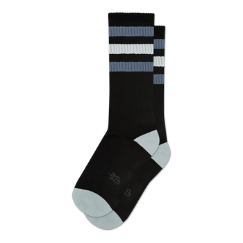 Pair of black crew socks with grey and white stripes.  Features a light grey toe and heel, and a small logo on the sole.